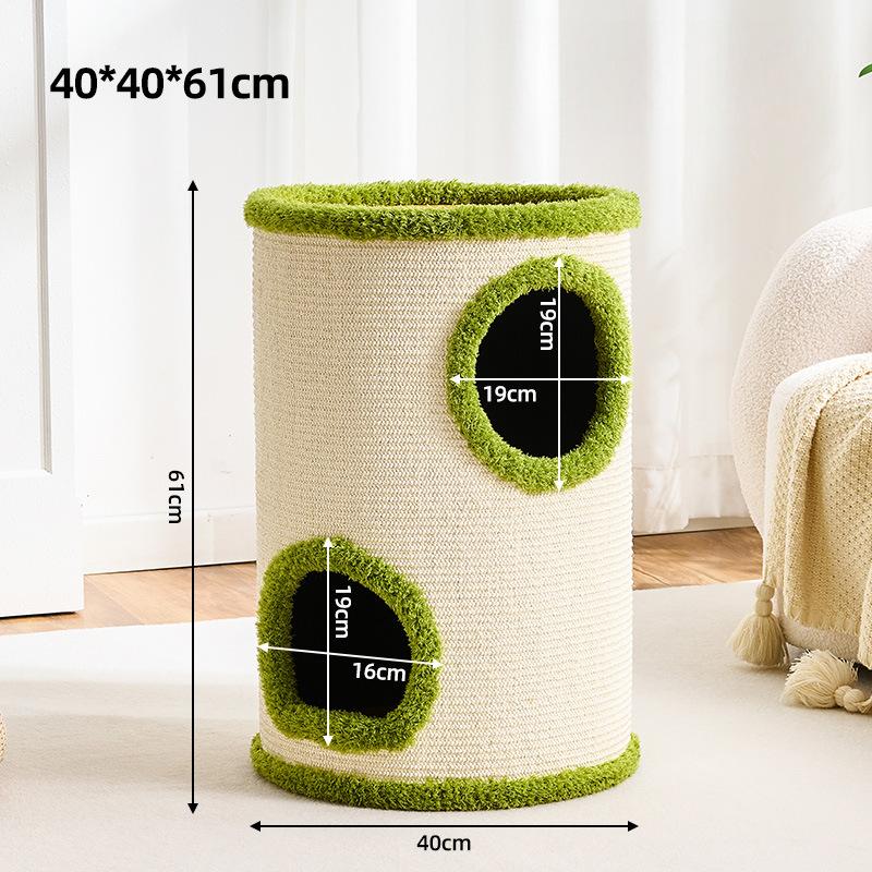 A cylindrical big cat condo is shown in a home setting with overlaid dimension lines and text reading 40*40*61cm, indicating its size. The product has an off-white woven body with bright green faux-fur trim around the top, bottom, and two circular openings.