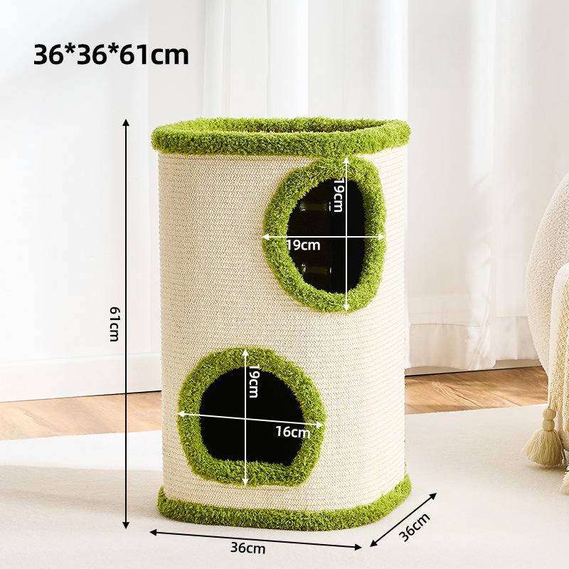 A cylindrical cat condo with two circular climbing windows, shown with overlaid dimension labels and arrows indicating measurements of 36cm, 36cm, 61cm, 19cm, 16cm, and 9cm.