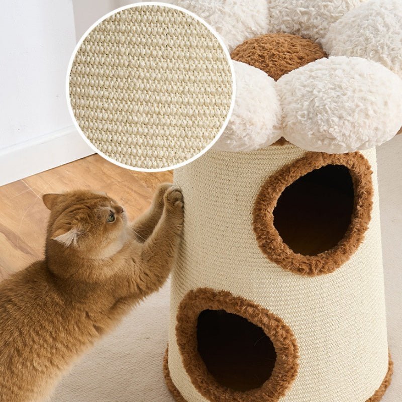 A fluffy orange cat reaches toward a cylindrical large cat condo with two circular openings, shown next to a circular inset close-up of the woven cream fabric texture.
