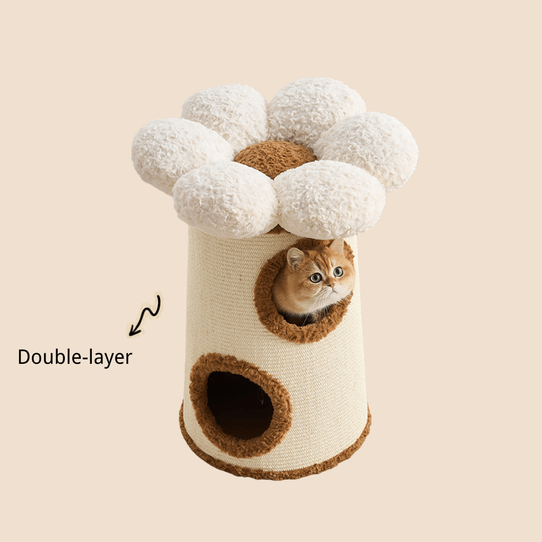 A cute cat tower with a flower-shaped plush top and two enclosed levels, shown with a small orange cat peeking out from the upper circular opening. Text on the left reads 'Double-layer,' with an arrow pointing to the structure.