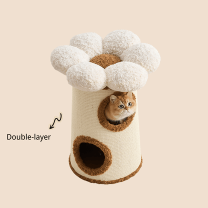 A cute cat tower with a flower-shaped plush top and two enclosed levels, shown with a small orange cat peeking out from the upper circular opening. Text on the left reads 'Double-layer,' with an arrow pointing to the structure.