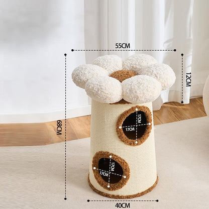 A cat tower with a flower-shaped plush top and two circular cat beds, shown with overlaid dimension lines and labels indicating 55 cm width, 12 cm height, 68 cm total height, and 40 cm base width.