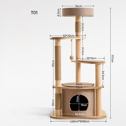 Large Pine Wood Cat Tree with Modern Cat Condo | T1 - Soldaypet