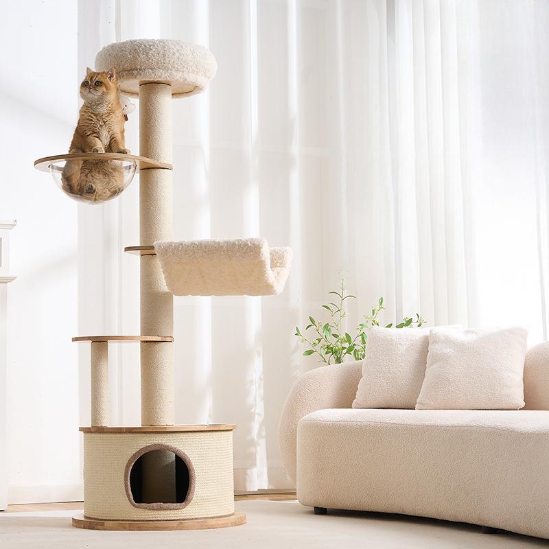 A multi-level maine coon cat tree with a cat perched in a clear bowl on the top level, set in a bright living room next to a cream-colored sofa.