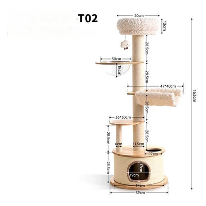 A tall cat tree with dimension labels and measurements on a white background. The product is shown in a light natural wood and cream fabric color, with a top perch, two middle platforms, a hanging toy, a lower platform, a cat house, and a tall central post.