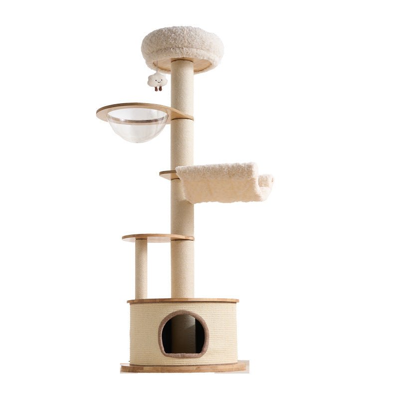 A multi-level large cat tree with a tall sisal-wrapped scratching post, a plush cream-colored top perch, a clear cat nest bowl, a horizontal scratching platform, a small wooden shelf, and a round cat bed at the base, shown on a solid white background.