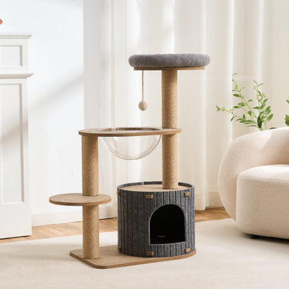 Wood Cat tree with multiple levels and a hideout space in a room with a white curtain and a plant.