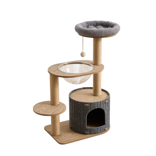 Cat climber tower with multiple levels, a hanging sisal small ball toy, and a large cando on a white background