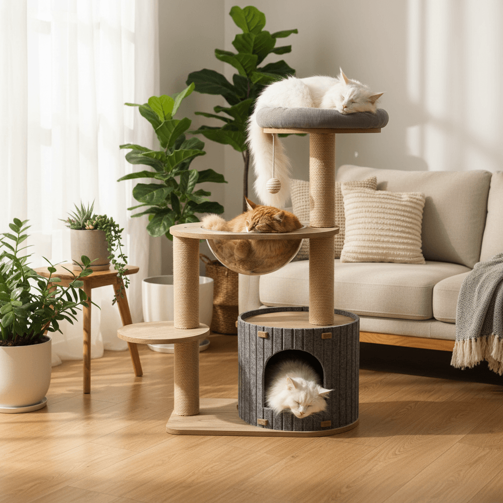 Cat tree with three maine coon cats in a warm living room setting