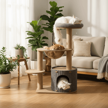 Cat tree with three maine coon cats in a warm living room setting
