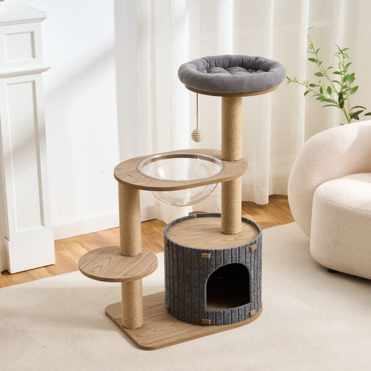 Real wood cat tree with 3 levels and a cushioned platform in a living room setting.
