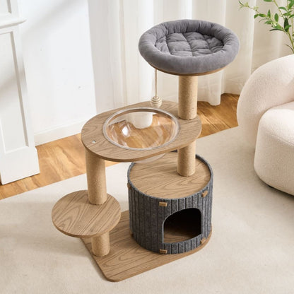 Cat tree with multiple levels and a gray cat bed on a light-colored floor.