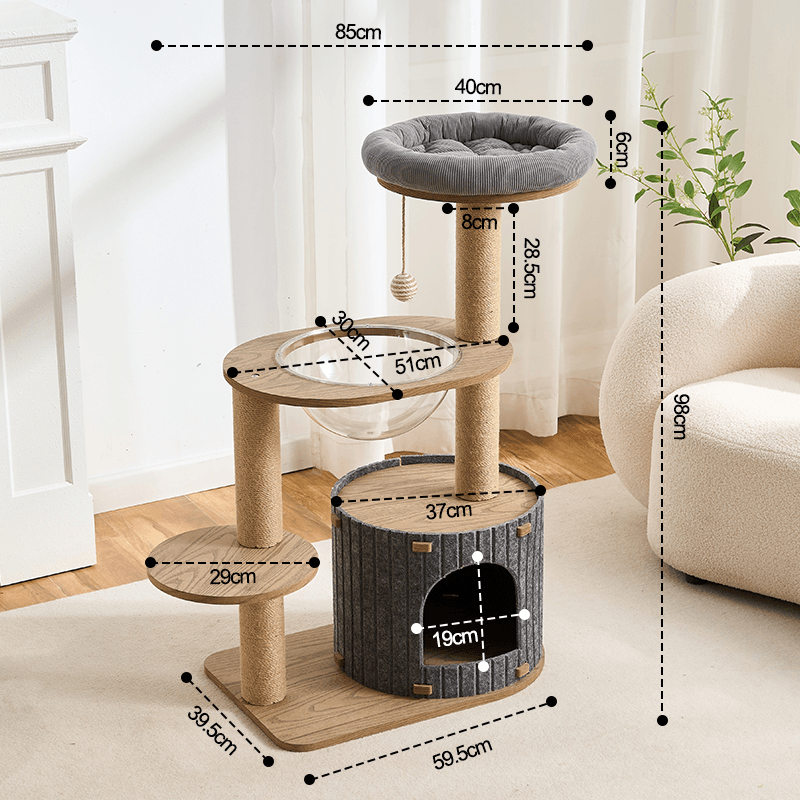 Wooden cat tower with dimensions labeled in a room setting