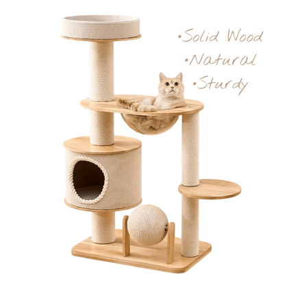 A natural wood and sisal cat tree with multiple levels, a cat bed, a ball toy, and a house, shown with a fat cat lying on one of the platforms. Text on the right reads 'Solid Wood', 'Natural', and 'Sturdy'.