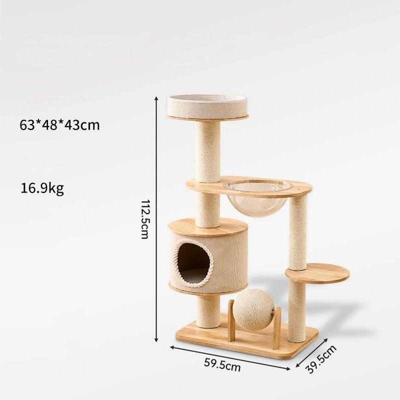 A multi-level modern cat tree with a light wood base, beige sisal-wrapped posts, firm platforms, a hanging hammock, and a small enclosed cave, shown on a white background with dimension labels and weight text.