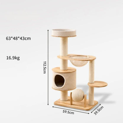 A multi-level modern cat tree with a light wood base, beige sisal-wrapped posts, firm platforms, a hanging hammock, and a small enclosed cave, shown on a white background with dimension labels and weight text.