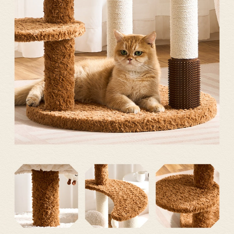 Cat sitting on a multi-level cat tree with brown and white scratching posts and a cat face scratching post.