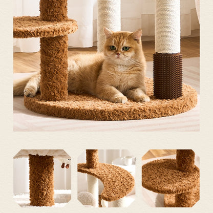 Cat sitting on a multi-level cat tree with brown and white scratching posts and a cat face scratching post.