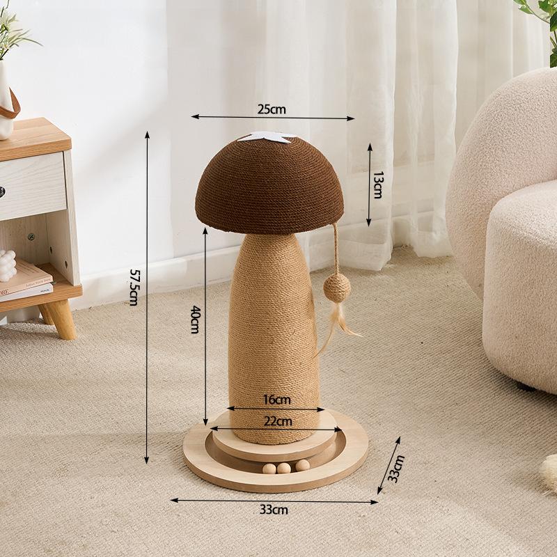 A cat scratching post with a mushroom cap design, shown in a living room setting with overlaid dimension lines and measurements.