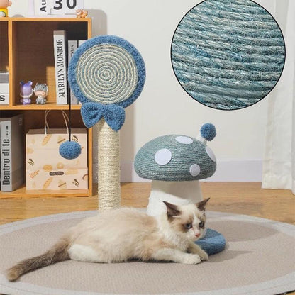 Cat playing with a mushroom-shaped sisal post on a wooden floor.