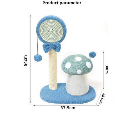 Mushroom Cat scratcher tree with dimensions labeled on a white background