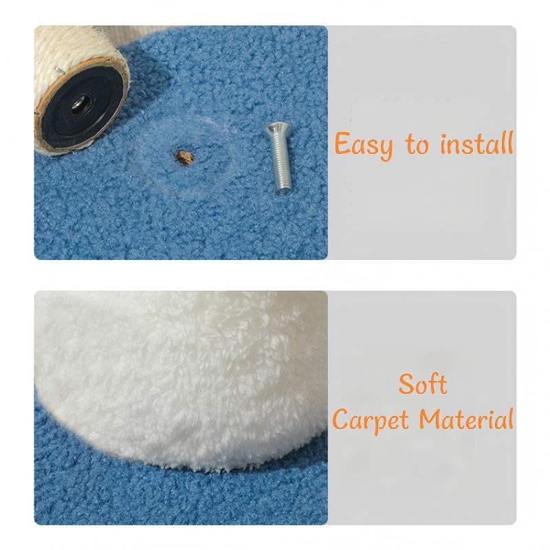 Close-up of blue carpet with a screw and text indicating 'Easy to install' and 'Soft Carpet Material'.