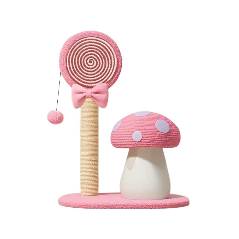 Pink and beige cat scratcher post with a spiral top and mushroom-shaped base on a white background