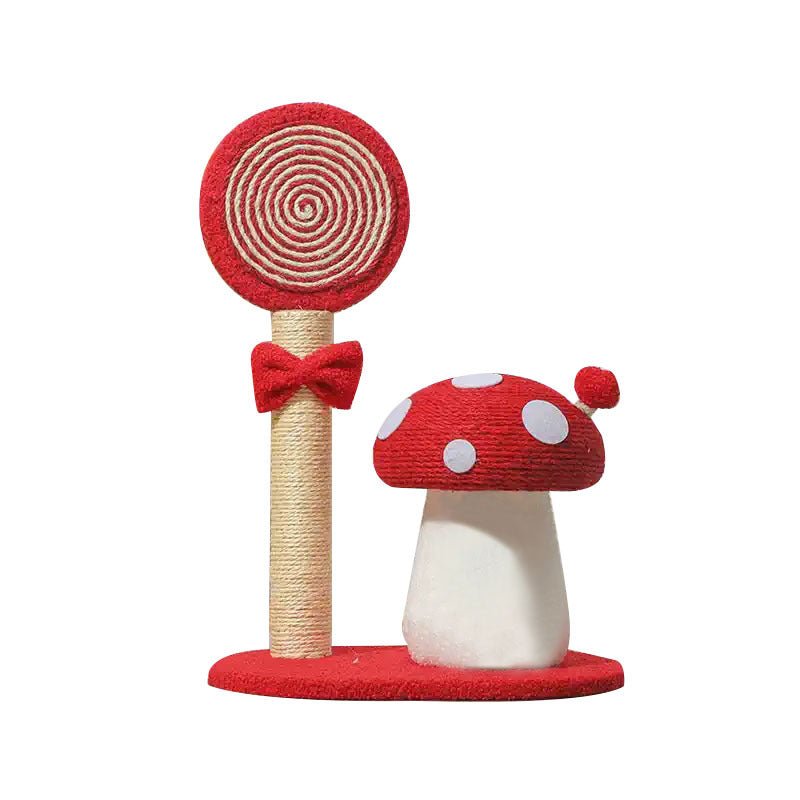 Red and white mushroom-shaped cat scratch post with a striped pole on a white background
