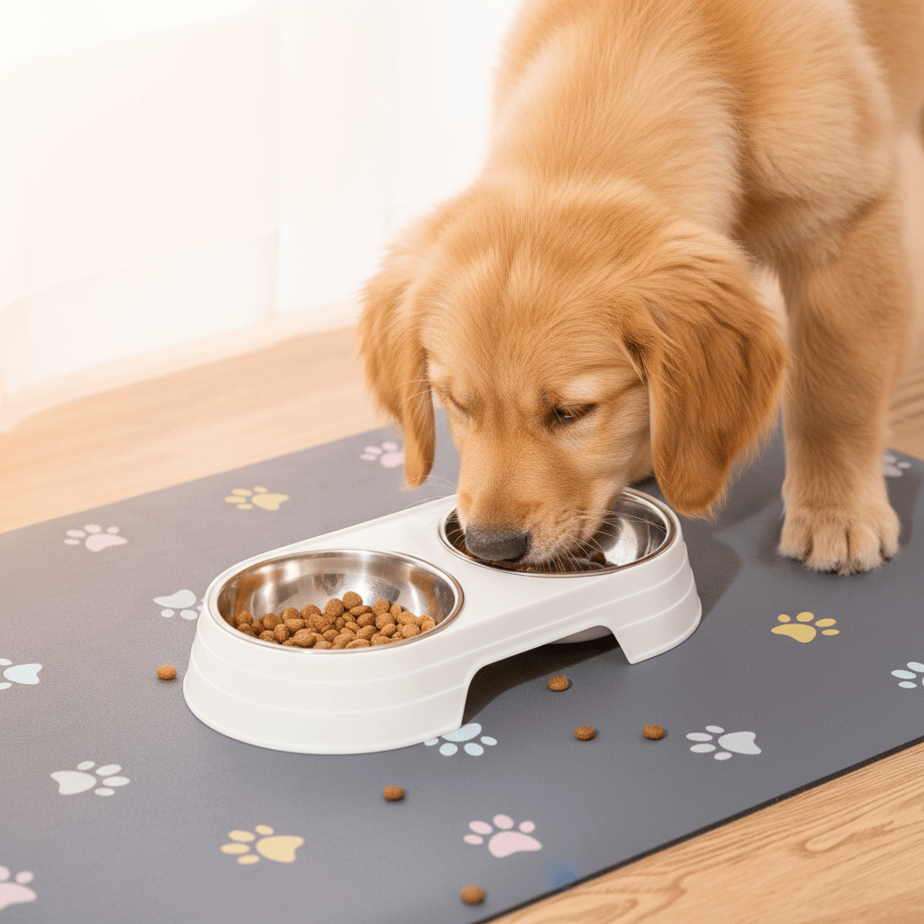 Dog eating from a bowl on a paw print mat