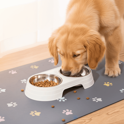 Dog eating from a bowl on a paw print mat