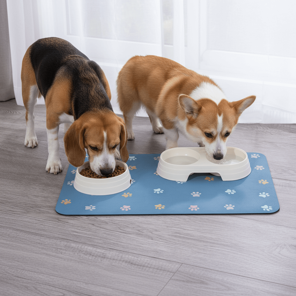 Two dogs eating from bowls on a blue mat with paw prints in a room.