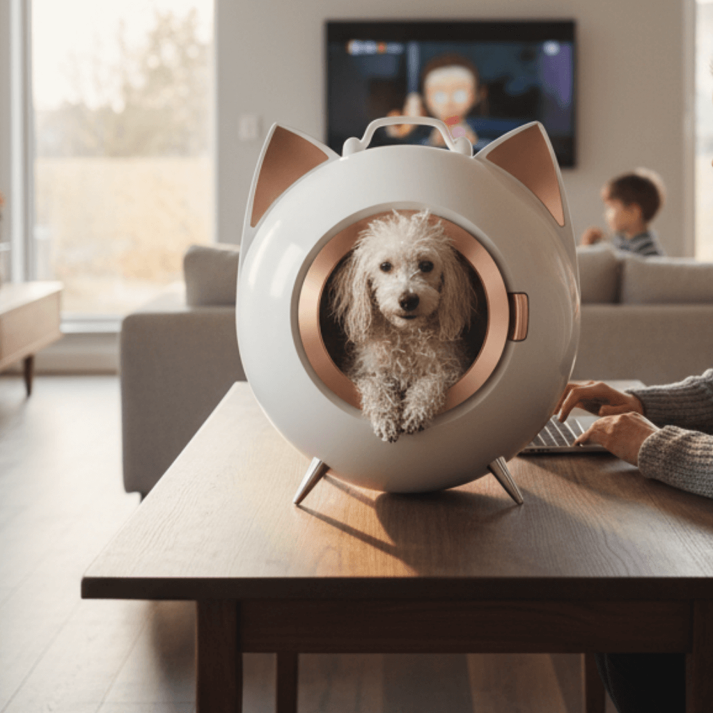 A dog is relaxing inside a modern pet dryer box with cat ears on a table in a living room.