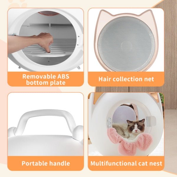 Multifunctional cat nest with features highlighted on a beige background