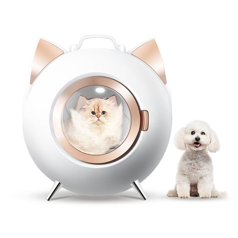 Pet bubble with a cat inside and a dog standing next to it on a white background