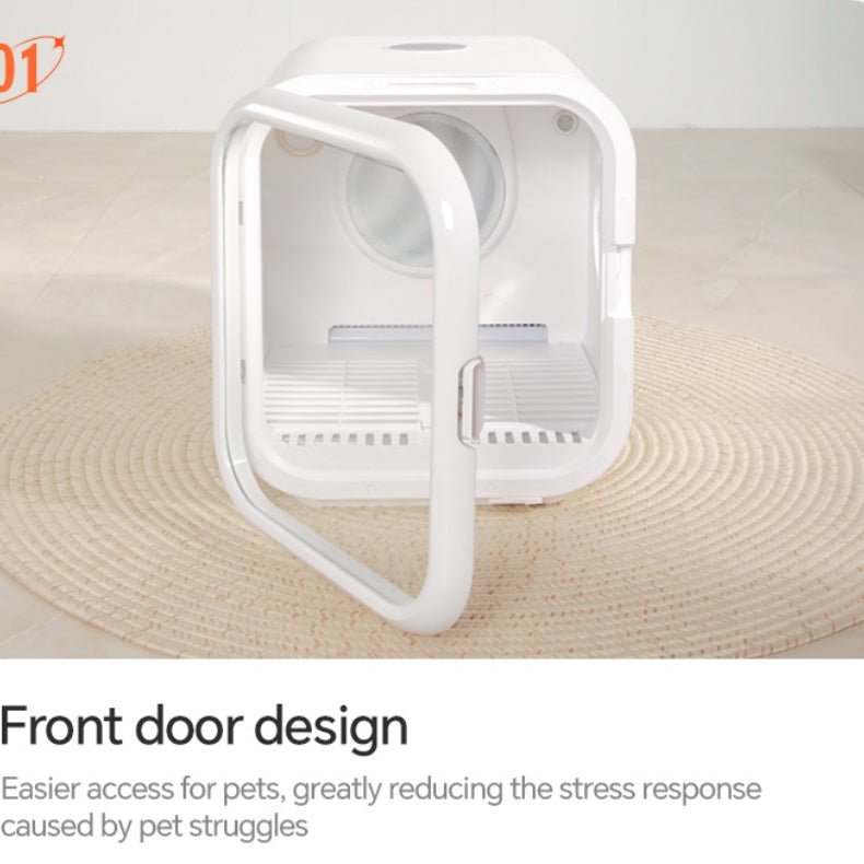 Pet dryer with an open door on a beige surface