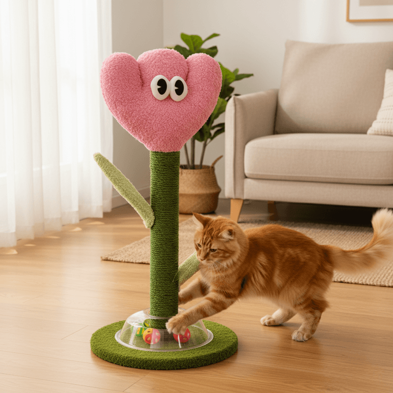 Cat playing with a flower-shaped scratching post in a living room.