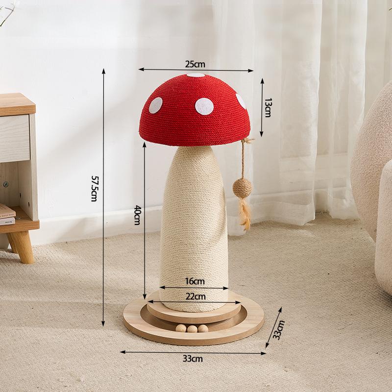 A mushroom-shaped cat scratching post with a red cap, white polka dots, beige textured body, and wooden base, shown in a home setting with overlaid dimension lines and measurements.