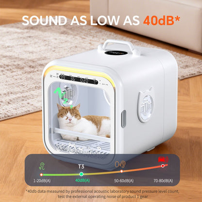 Pet soundproof box with a cat inside, labeled 'Sound as low as 40dB'.