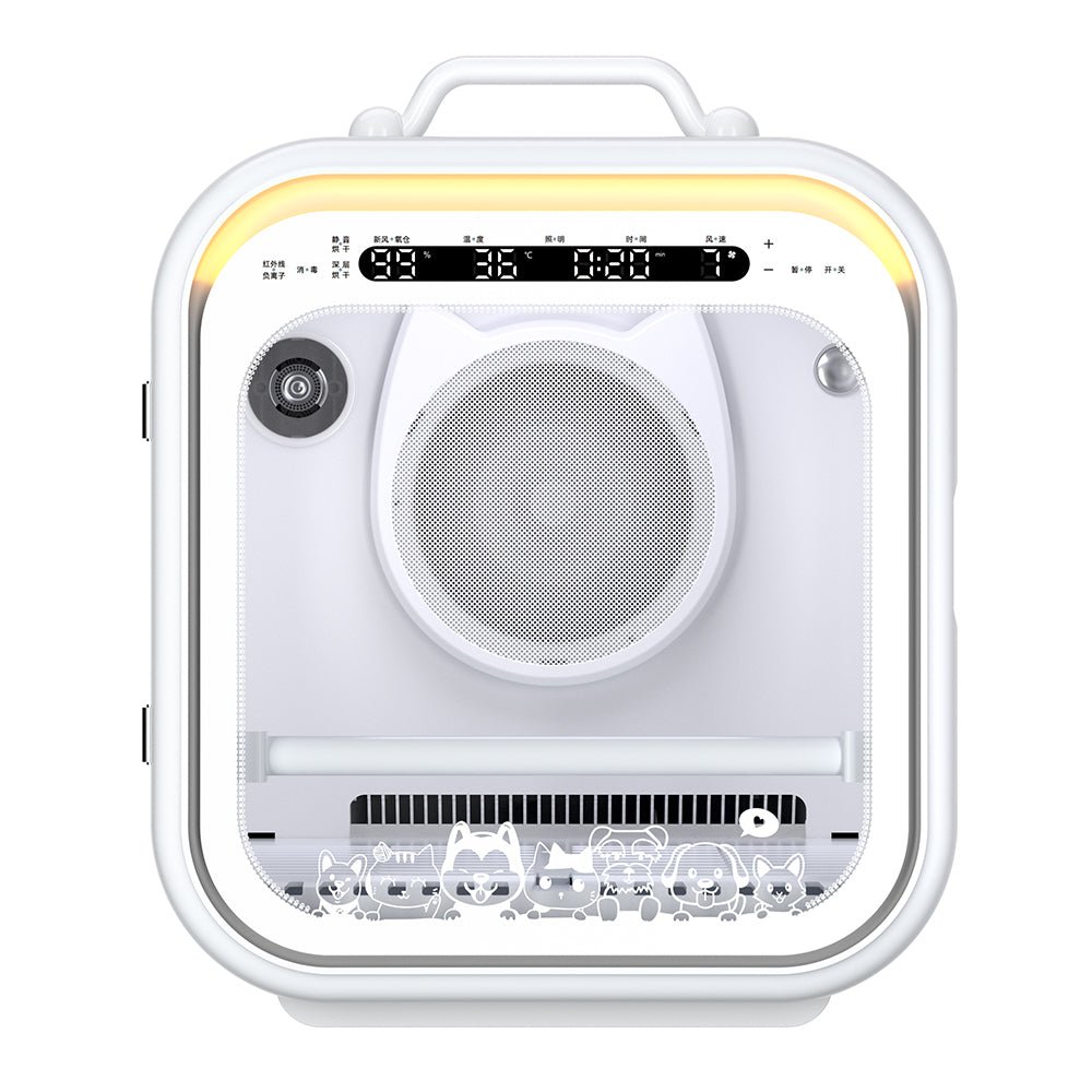 White pet dryer box device with display and buttons on a white background