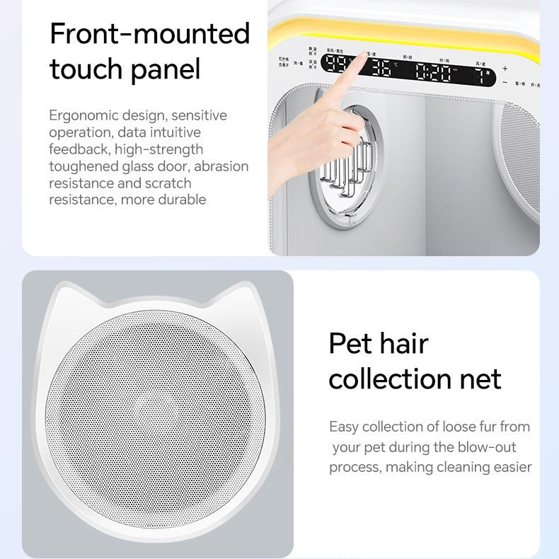 Pet grooming hair machine with front-mounted touch panel and pet hair collection net on a light blue background.