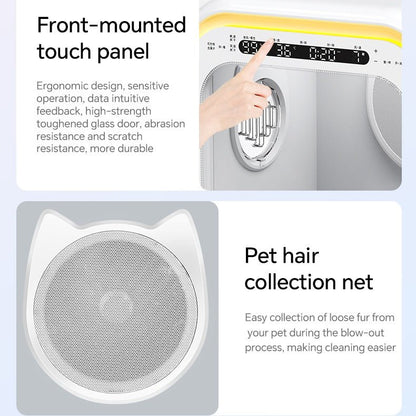 Pet grooming hair machine with front-mounted touch panel and pet hair collection net on a light blue background.