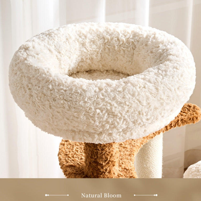 Fluffy white cat bed on a wooden stand with a neutral background