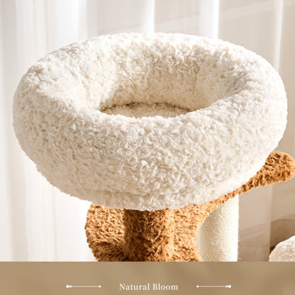 Fluffy white cat bed on a wooden stand with a neutral background