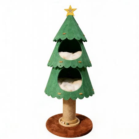 Green cat tree shaped like a Christmas tree with a star on top, featuring a wooden base.