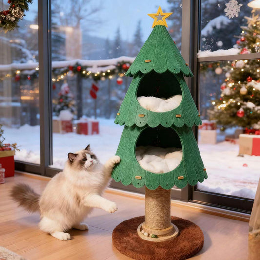 Cat playing with a green Christmas tree-shaped cat tree in a snowy outdoor setting.