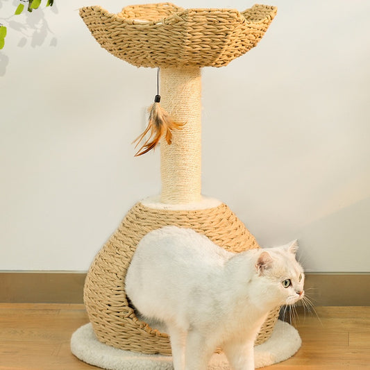 A cat sitting on a Boho-style cat tree with a white background