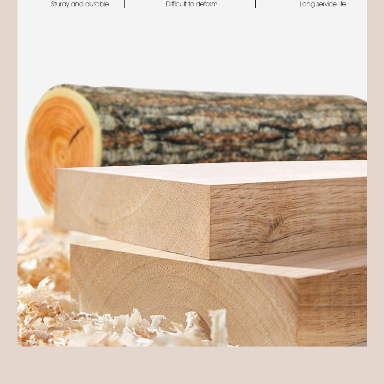 Two light-colored wood planks stacked in front of a cut log with wood shavings on a beige background.