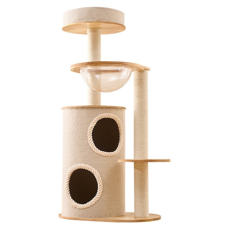 A large cat tree for maine coon, designed with multiple levels and a round platform on a white background