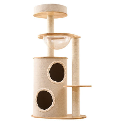 A large cat tree for maine coon, designed with multiple levels and a round platform on a white background