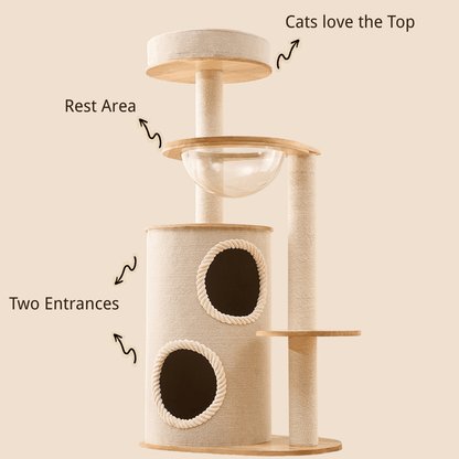 A beige large cat tree with two circular entrances, a clear bowl, a scratching post, and a top platform, shown on a light beige background with black callout text and arrows.